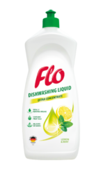 FLO přípravek na mytí nádobí  LEMON & MINT 1l - Vysoce kontrovaný přípravek na nádobí Flo Lemon&Mint 1l ideálně odstraňuje mastnotu a jiné nečistoty z nádobí, pánví, příborů.