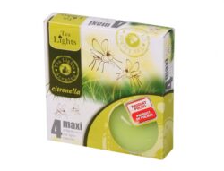 Svíčka čajová CITRONELLA MAXI vonná 4ks Admit Tea - Velké žluté čajové svíčky s vůní citronella v hliníkovém kalíšku. Baleno po 4 kusech v papírové krabičce s obrázkem komárů a citronové trávy.