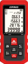 LASEROVÝ DÁLKOMĚR PRO DL-40X, do 40 m - Laserový dálkoměr PRO DL-40X

Přesnost měření je ±2 mm
Umožňuje pracovat v rozsahu od 0,05 m do 40 m
Má tyto funkce: nepřímé měření (obohacené o možnost výpočtu součtu a rozdílu), kontinuální a dynamické měření
Tři referenční body měření: přední panel, zadní panel a 1/4” zásuvka
Podsvícený LCD displej
Doba měření je pouze 0,5 s
Rozsáhlá paměť umožňuje ukládat měření (až 99) a provádět na nich operace sčítání a odčítání
Protiskluzové knoflíky
1/4 držák na stativ
Třída těsnosti IP54
Sada obsahuje: dálkoměr DL-X, pouzdro, popruh, 3x baterie, uživatelská příručka
Rozlišení měření: 0,001m
Zařízení je napájeno 2 bateriemi AAA 1,5V
Typ laseru: 635 nm, třída 2, 1 mW
Životnost baterie přibližně 8 000 měření
Pracovní teplota: 0°C ÷ 40°C
Skladovací teplota: -20°C ÷ 60°C
Automatické vypnutí laseru po 20 s, dálkoměr po 150 s