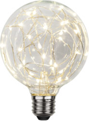 Žárovka LED E27, G95 Decoled, Star Trading - Žárovka s čirým sklem a paticí E27. Nízký lumen a 25 ks Dew Drops vyzařuje teplé bílé světlo.


