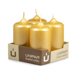 Svíčky adventní Metallic Gold 4ks 40x80 Unipar - Prémiové svíčky zlaté barvy ideální na adventní věnec.

Svíčky jsou baleny po 4 kusech. 

Barva: zlatá metalíza
Velikost: střední malá (40x80 mm)
Doba hoření: 15 hodin
Tvar: cylindr